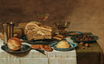 ₴ Репродукция натюрморт от 205 грн.: Кусок мяса, масло, каштаны, посуда и хлеб на столе