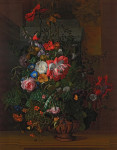 ₴ Картина натюрморт известной художницы от 247 грн.: Розы, вьюнок, маки и другие цветы в урне на каменном уступе