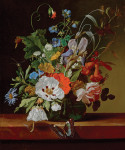 ₴ Репродукція натюрморт від 232 грн.: Квіти у вазі на виступі зі стреозой, гусеницею і метеликом
