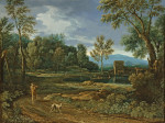 ₴ Репродукція краєвид від 242 грн.: Лісовий пейзаж з озером і чоловіком з собакою на передньому плані