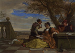 ₴ Картина побутовий жанр відомого художника від 230 грн.: Двоє чоловіків і молода жінка займаються музикою на терасі