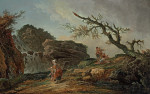 ₴ Картина пейзаж відомого художника від 206 грн.: Скелястий пагорб з селянкою і дитиною біля водоспаду, хлопчики відпочивають у зламаного дерева