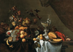 ₴ Репродукция натюрморт от 229 грн.: Цветы, фрукты в миске Ван-Ли, кубок наутилус и лобстер на столе