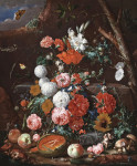 ₴ Картина натюрморт известного художника от 240 грн.: Натюрморт с цветами и фруктами на каменном постаменте в саду