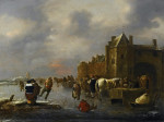₴ Картина пейзаж художника от 249 грн.: Зимний пейзаж с фигуристами на реке возле города крепости