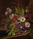 ₴ Репродукция натюрморт от 245 грн.: Ипомея, ромашки, красная смородина и другие фрукты и цветы на уступе