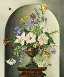 ₴ Репродукція квітковий натюрморт від 296 грн.: Гібіскус, орхідея, ірис, фрезії і інші квіти розташованих в урні, сонечко і джміль в ніші