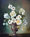 ₴ Картина натюрморт известного художника от 240 грн.: Весна - цветочный натюрморт белых нарциссов и роз с скрытым автопортретом
