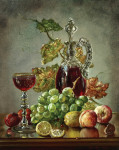 ₴ Картина натюрморт известного художника от 250 грн.: Натюрморт с фруктами, виноградными листьями и стеклянным кувшином