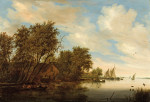 ₴ Картина пейзаж известного художника от 230 грн.: Вид на річку з чоловіком полюючим на качок