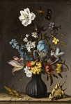 ₴ Репродукція картини натюрморт від 213 грн.: Квіти у вазі на кам'яному виступі з мушлею та коником