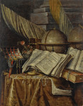 ₴ Купить натюрморт художника от 255 грн.: Ванитас с глобусом, книгами и коробкой ювелирных изделий на задрапированном столе