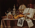 ₴ Картина натюрморт художника от 235 грн.: Ванитас со скрипкой, серебряной курильницей, глобусом, мечом, шкатулкой с драгоценностями и рукописями