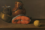 ₴ Картина натюрморт известного художника от 218 грн.: Кусок лосося, лимон и посуда