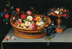 ₴ Картина натюрморт известного художника от 230 грн.: Смешанные цветы в корзине с таззой рядом