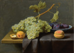 ₴ Картина натюрморт художника от 229 грн.: Виноград, персик и грецкий орех со сливками с сине-белой фарфоровой чаше, все на частично драпированном выступе