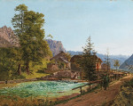 ₴ Репродукция пейзаж от 253 грн.: Странник в Зальцкаммергуте, плотина озера Грундльзее с рекой Траун, на заднем плане слева Бакенштейн