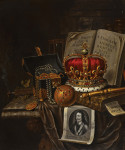 ₴ Картина натюрморт художника от 232 грн.: Аллегория богатства и светской власти: портрет Карла I,  корона и книги расположенные на каменной столешниц