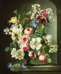 ₴ Картина натюрморт художника от 237 грн.: Натюрморт с ирисами и розами в стеклянном кубке
