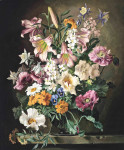₴ Картина натюрморт художника от 232 грн.: Лилии, аквилегии, бархатцы, шиповник и другие летние цветы в вазе