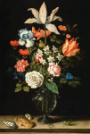 ₴ Репродукция натюрморт от 370 грн.: Натюрморт с цветами, включая тюльпаны, ирисы и нарциссы в стеклянной вазе