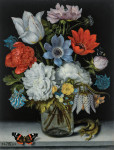 ₴ Картина натюрморт известного художника от 247 грн.: Цветы в стеклянной колбе на мраморном выступе, бабочка адмирал и ящерица