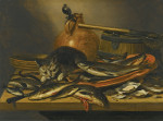 ₴ Картина натюрморт известного художника от 194 грн.: Натюрморт с пресноводной рыбой, с кошкой, кувшином, бочкой и небольшой рыболовной сетью на столе