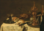 ₴ Картина натюрморт відомого художника від 229 грн.: Частково драпірований стіл із дорогоцінними судинами, булочками, лимонами та смаженим