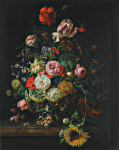₴ Картина натюрморт художницы от 242 грн.: Розы, тюльпаны, подсолнечник и другие цветы в стеклянной вазе с пчелой, стрекозой на мраморном выступе