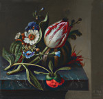 ₴ Репродукция натюрморт от 295 грн.: Натюрморт с тюльпаном и другими цветами с дыней на выступе