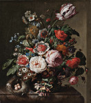 ₴ Репродукція натюрморт від 223 грн.: Натюрморт із квітами у вазі з пташиним гніздом на мармуровому виступі