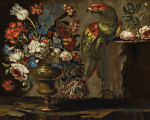 ₴ Картина натюрморт художника от 253 грн.: Натюрморт с цветами в позолоченной вазе, с попугаем, все на каменных выступах