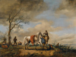 ₴ Картина побутового жанру відомого художника від 241 грн.: Пані та кавалер зупинилися на стежці з фігурами на березі