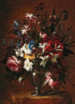 ₴ Картина натюрморт известного художника от 200 грн.: Гвоздики, розы, лилии и другие цветы в вазе на выступе