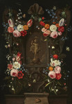 ₴ Картина натюрморт відомого художника від 208 грн.: Скульптурний картуш із квітковим натюрмортом із немовлям Христом