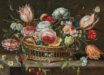 ₴ Картина натюрморт известного художника от 229 грн.: Корзина с цветами, птичка и бабочка рядом