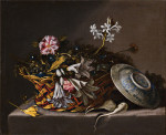 ₴ Картина натюрморт художника от 253 грн.: Натюрморт с цветами в плетеной корзине, делфтской миской и репой на каменном выступе