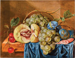 ₴ Репродукція натюрморт від 247 грн.: Натюрморт із персиками, виноградом, сливами, вишнями та креветками на карнизі, задрапірованому синьою тканиною