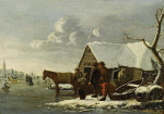 ₴ Репродукция пейзаж от 229 грн: Зимний пейзаж с фигурами и лошадью возле сарая, фигуристы на замерзшем озере, церковь в отдалении