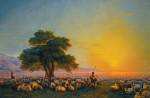 ₴ Репродукція краєвид від 211 грн.: Пастухи зі своїм стадом на заході сонця