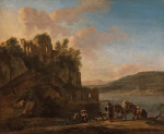 ₴ Репродукция пейзаж от 259 грн.: Итальянский речной пейзаж с пастухами на дороге, классические руины на вершине горы