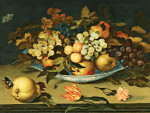 ₴ Репродукція картини натюрморт від 241 грн.: Натюрморт з делфтською чашею з фруктами, на виступі з квітами, комахами та ящіркою