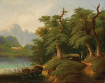 ₴ Репродукция пейзаж от 247 грн.: Горное озеро с фигурой собирающей хворост