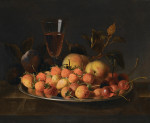 ₴ Репродукция натюрморт от 259 грн.: Клубника, вишни, персики на серебрянном блюде, стакан с вином и сливы, все на деревянном выступе