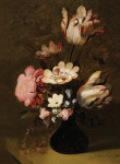 ₴ Репродукция натюрморт от 204 грн.: Тюльпаны, пионы, анемоны, гиацинты и другие цветы в стеклянной вазе на каменном выступе