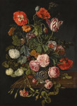 ₴ Репродукция натюрморт от 200 грн.: Тюльпан-попугай, маки, розы, снежные шары и другие цветы в стеклянной вазе на каменном выступе