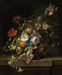 ₴ Репродукция натюрморт от 237 грн.: Тюльпаны, роза, жимолость, яблоневый цвет, маки и другие цветы в стеклянной вазе с бабочкой на мраморном выступе