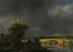 ₴ Репродукция пейзаж от 229 грн.: Пейзаж с коттеджем и каменным мостом под облачным небом
