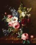 ₴ Репродукция натюрморт от 242 грн.: Натюрморт с цветами в вазе на мраморном выступе, включая розы, гибискусы, колокольчики, мальвы и анемоны