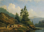 ₴ Репродукция пейзаж от 235 грн.: Стадо с крупным рогатым скотом в горном ландшафте
